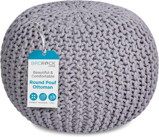 round Pouf Ottoman | Cotton Braided Foot Stool with Bean Bag Filling | Boho Foot Rest for Living Room & Bedroom | Compact & Comfortable Seating, Lightweight & Soft | Light Grey