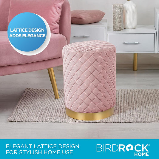 Velvet round Ottoman Foot Stool with Lattice Design and Gold Trim - Soft, Padded Foot Rest for Living Room or Bedroom – Decorative Foot Ottoman for Chair, Rocking Chair or Couch - Pink