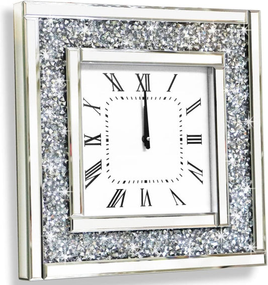 Silver Square Mirror Clock 20X20Inches Crystal Sparkle Twinkle Bling Crushed Diamond Mirrored Large Wall Clock for Wall Decoration Silver Glass Mirror Home Décor. AA Battery Is Not Included.
