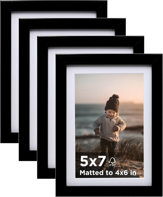 5X7 Picture Frame Black Set of 4, Wooden Photo Frames Matted 4X6 with Plexiglass for 4X6 with Mat or 5X7 without Mat for Table and Wall Display