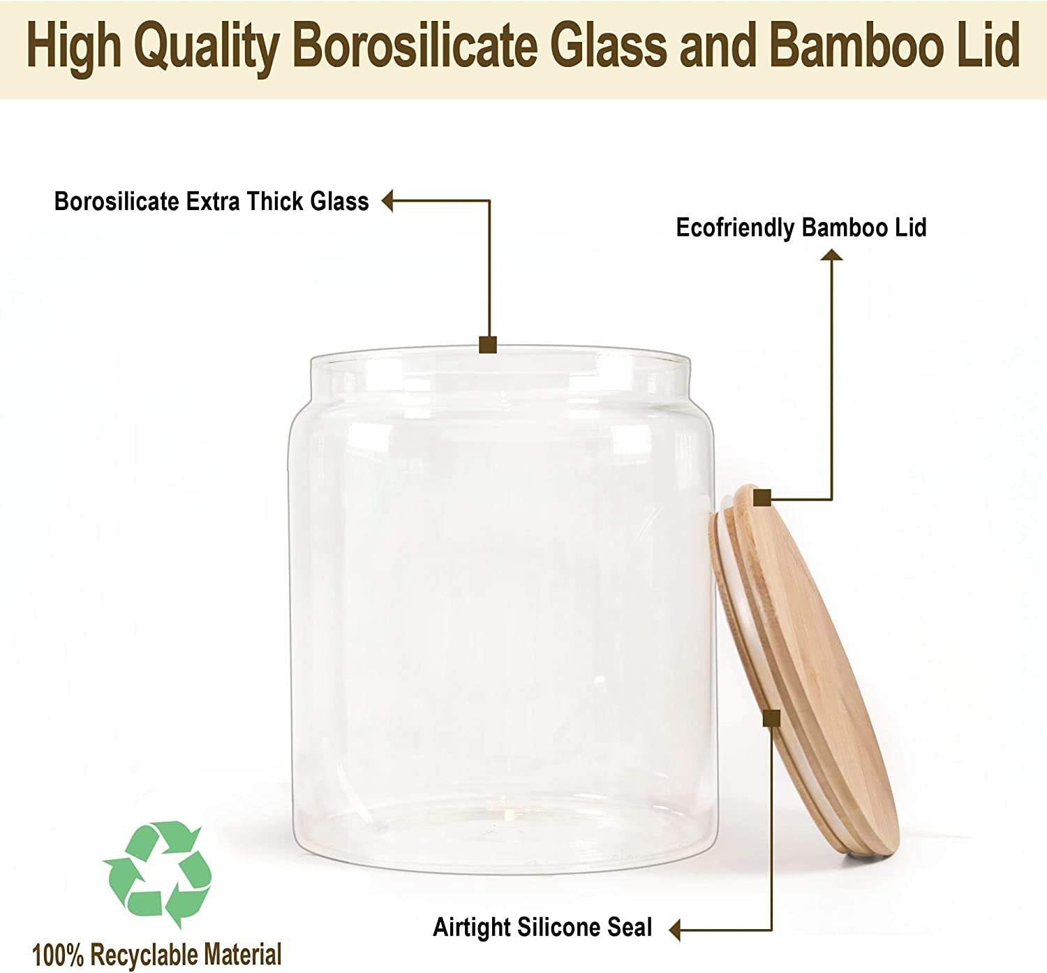 Glass Jars with Bamboo Lids, Large Food Storage Containers, 1 Gallon Flour Co Ntainer, Large Glass Food Storage Canister with Lids, Kitchen Pantry Jars