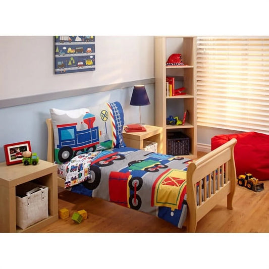 Trains 4 Piece Toddler Bed Set, Comforter Pillowcase, Top Sheet, Fitted Sheet, Boy