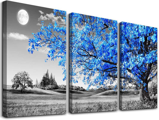 Wall Art for Living Room Black and White Blue Tree Moon Canvas Wall Decor for Home Artwork Painting 12" X 16" 3 Pieces Canvas Print for Bedroom Decor Modern Salon Kitchen Office Hang a Picture