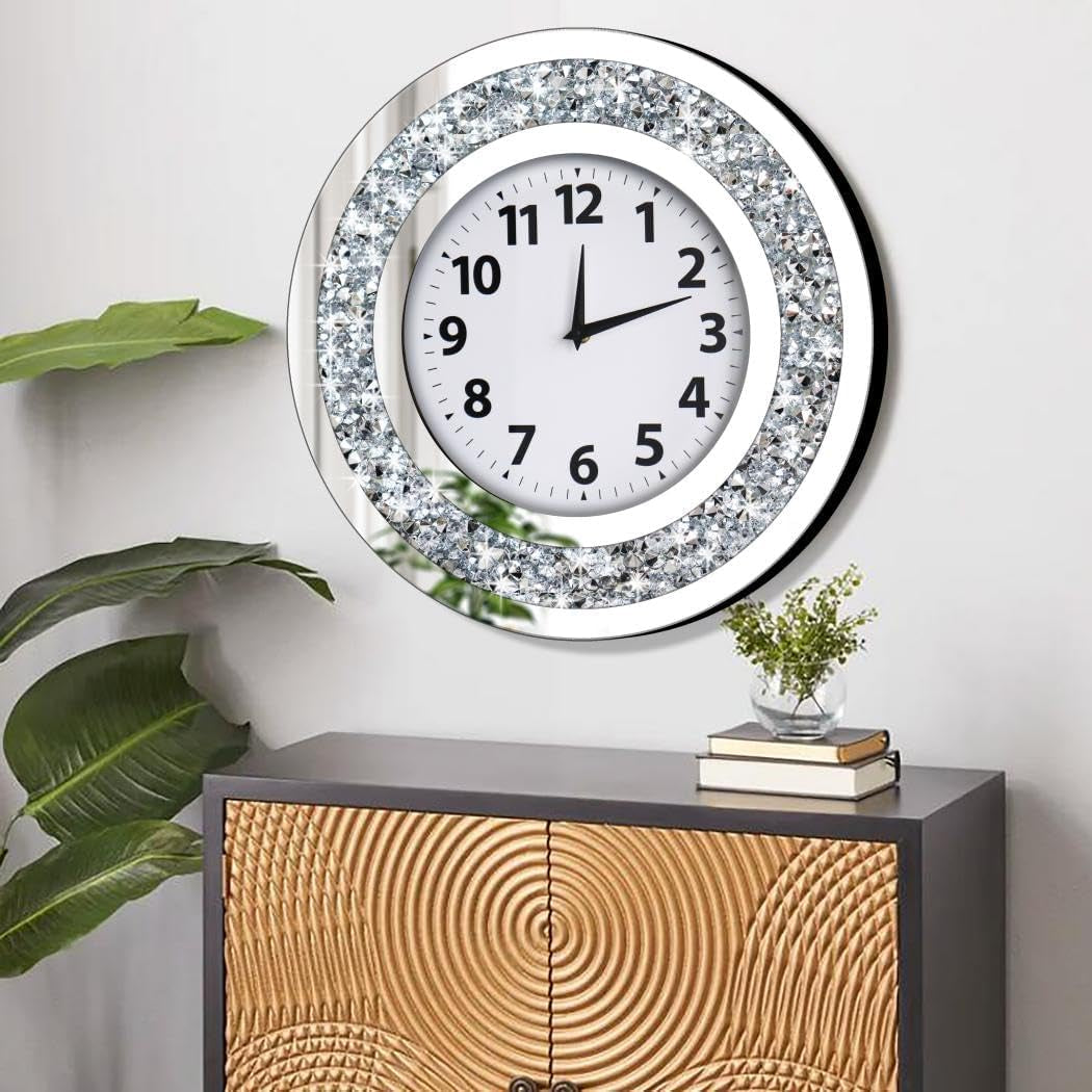 Crystal Crushed Diamond Mirrored round Wall Clock 16X16X2 Inches for Wall Decoration Silver Glass Mirror Clock Sparkle Twinkle Bling Home Decor. AA Battery Is Not Included.