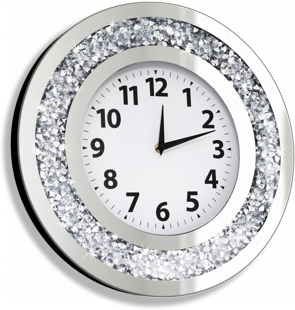 Crystal Crushed Diamond Mirrored round Wall Clock 16X16X2 Inches for Wall Decoration Silver Glass Mirror Clock Sparkle Twinkle Bling Home Decor. AA Battery Is Not Included.