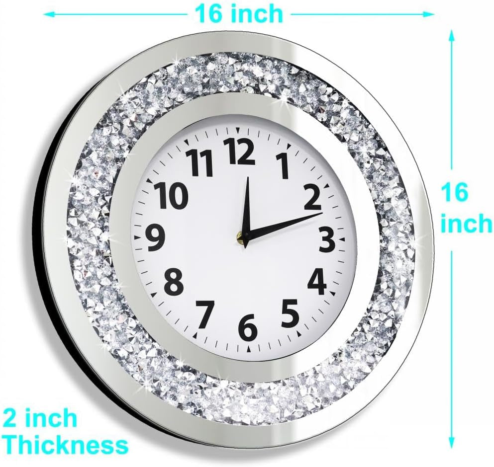Crystal Crushed Diamond Mirrored round Wall Clock 16X16X2 Inches for Wall Decoration Silver Glass Mirror Clock Sparkle Twinkle Bling Home Decor. AA Battery Is Not Included.