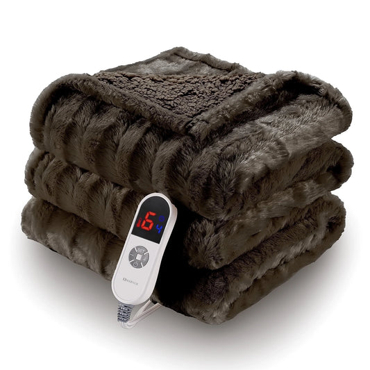 Electric Throw Blanket Extra Large Size, 60" X 70" Soft Faux Fur Heated Throw Blanket, 6 Heating Levels, 4 Hours Timer - Brown