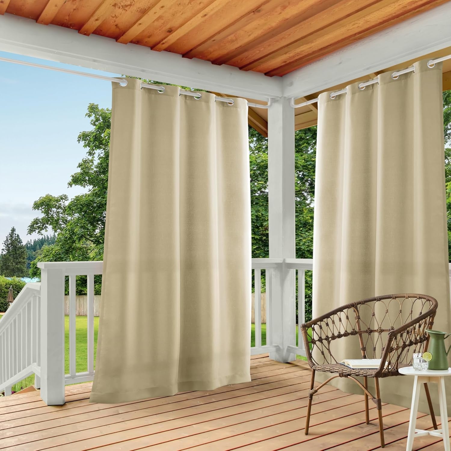 Cabana Solid Heavyweight Indoor Outdoor Curtains, Light Filtering Opacity with Grommet Top, Water Repellent, 2-Pack Set, 54"X84", Natural