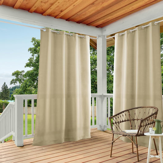 Cabana Solid Heavyweight Indoor Outdoor Curtains, Light Filtering Opacity with Grommet Top, Water Repellent, 2-Pack Set, 54"X84", Natural