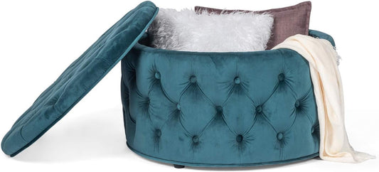 28 Inch Velvet round Storage Ottoman, Button Tufted Footrest Stool Bench Coffee Table for Living Room(Dark Teal)