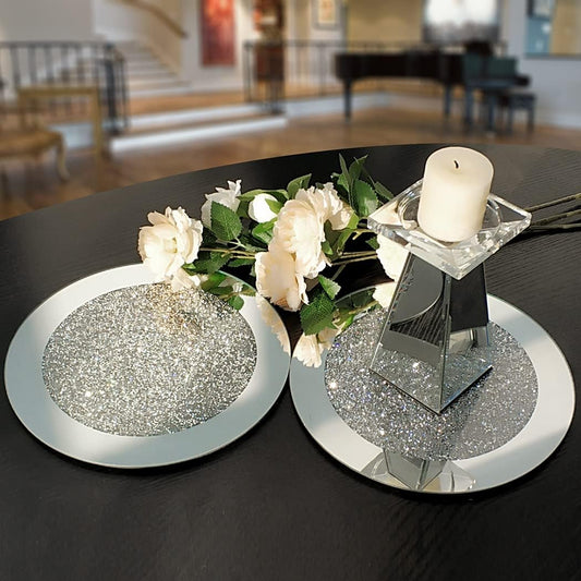 Glass Mirrored Mat, Crushed Diamond round Cup Mats 10" Decor on Tabletop for Bar Tools Dining Table