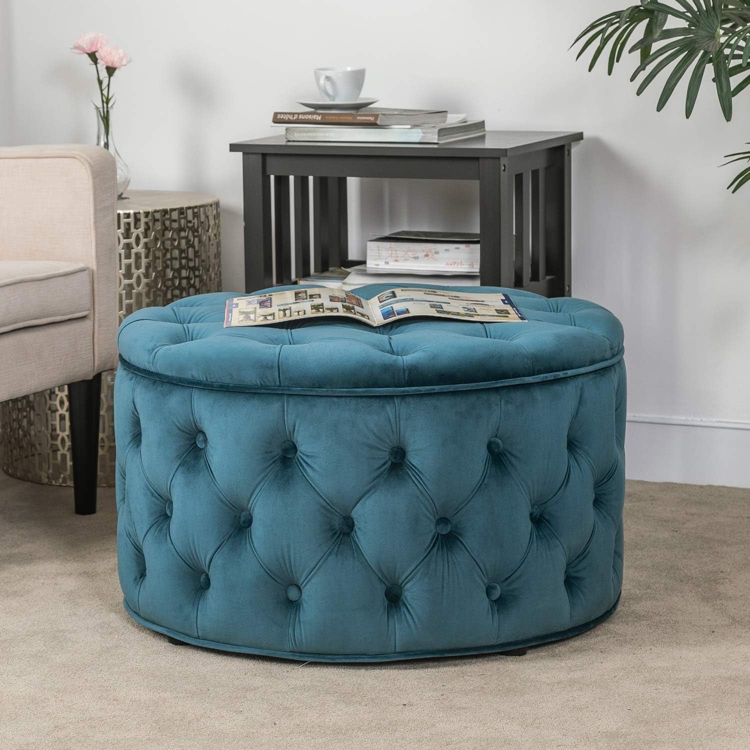 28 Inch Velvet round Storage Ottoman, Button Tufted Footrest Stool Bench Coffee Table for Living Room(Dark Teal)