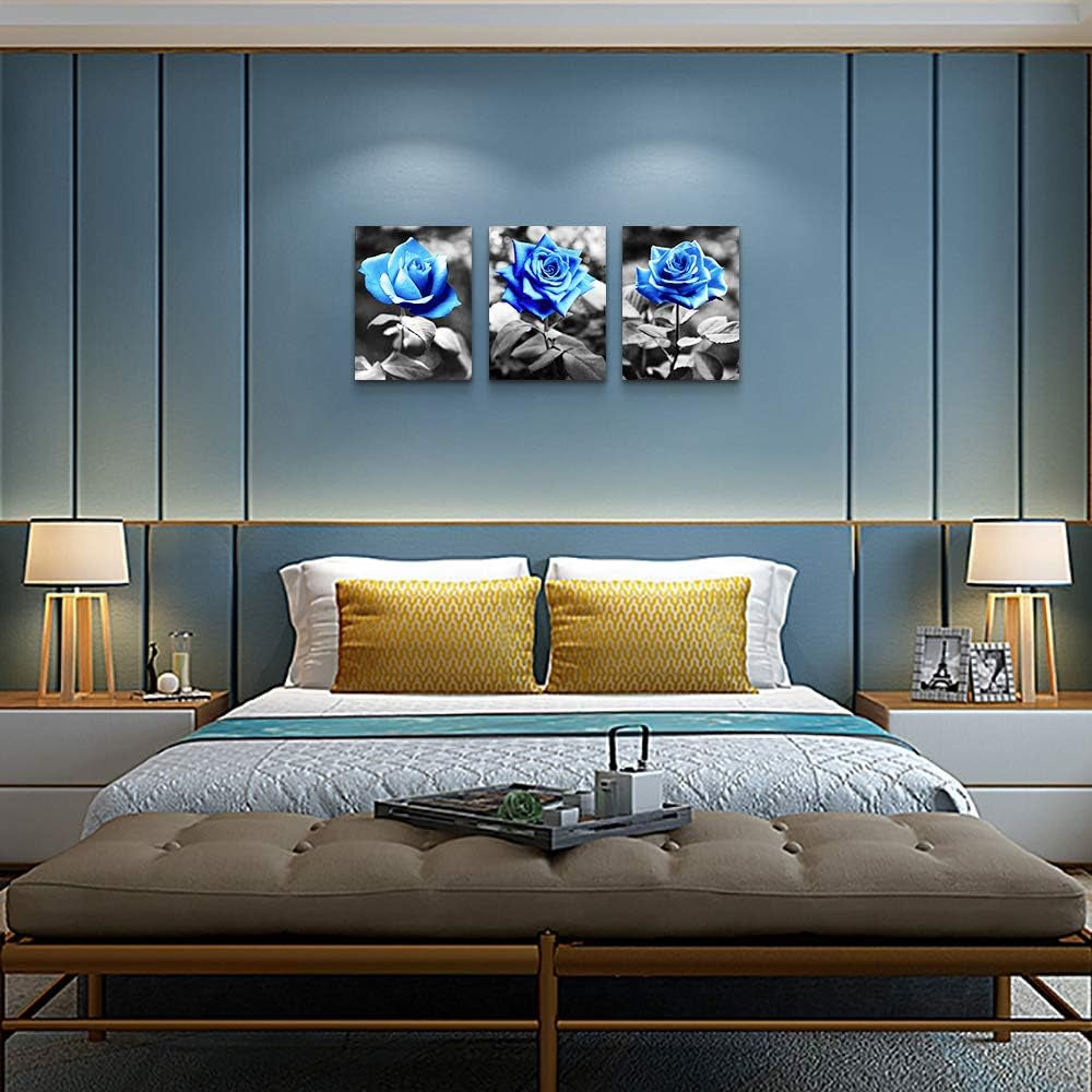 Bedroom Wall Art for Living Room Bathroom Wall Decor for Kitchen Family Pictures Artwork Black and White Blue Rose Flowers Canvas Paintings 12" X 16" 3 Pieces Framed Modern Office Home Decorations