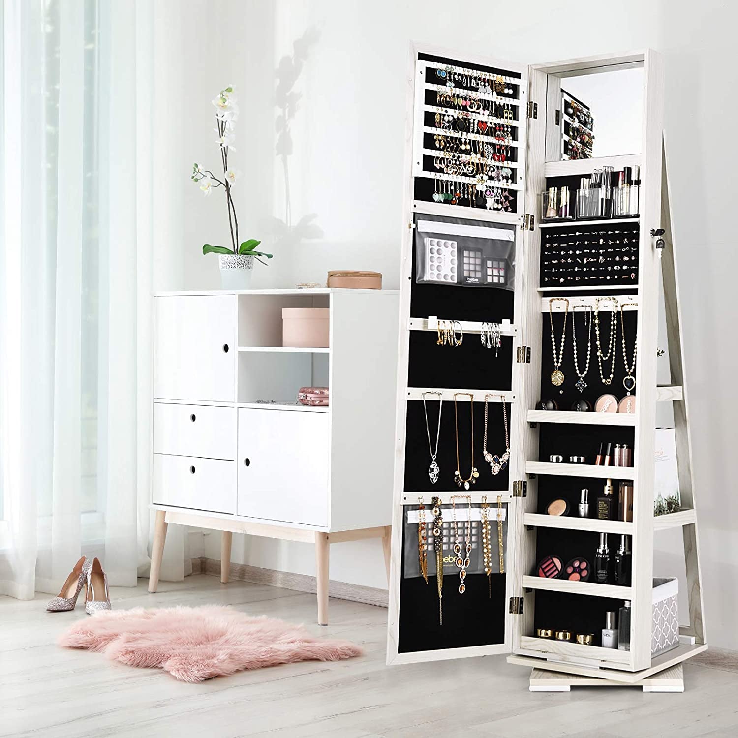 360° Swivel Jewelry Armoire with Higher Full Length Mirror & inside Makeup Mirror, Standing Lockable Jewelry Cabinet Organizer, Large Capacity, Back Storage Shelves (Grayish White)