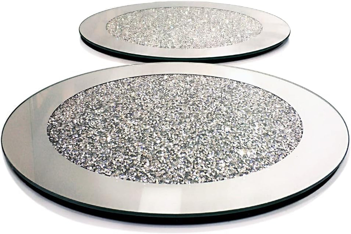 Glass Mirrored Mat, Crushed Diamond round Cup Mats 10" Decor on Tabletop for Bar Tools Dining Table