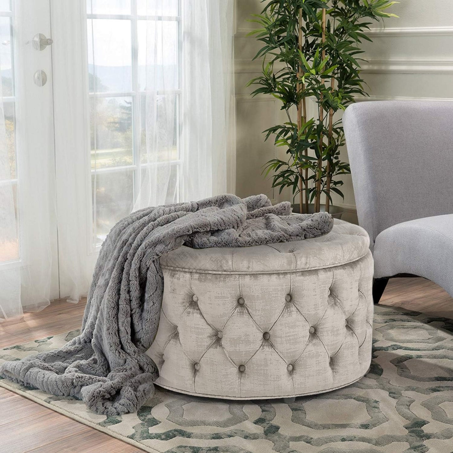 28 Inch round Velvet Storage Ottoman, Button Tufted Footrest Stool Bench Coffee Table for Living Room (Light Grey)