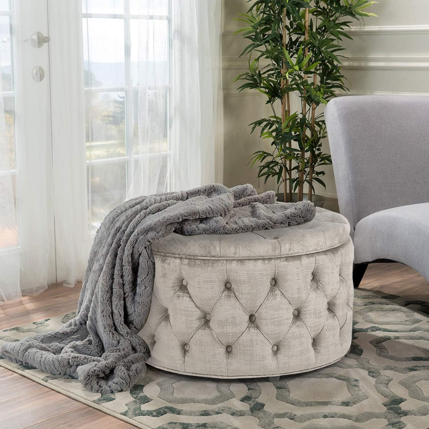 28 Inch round Velvet Storage Ottoman, Button Tufted Footrest Stool Bench Coffee Table for Living Room (Light Grey)