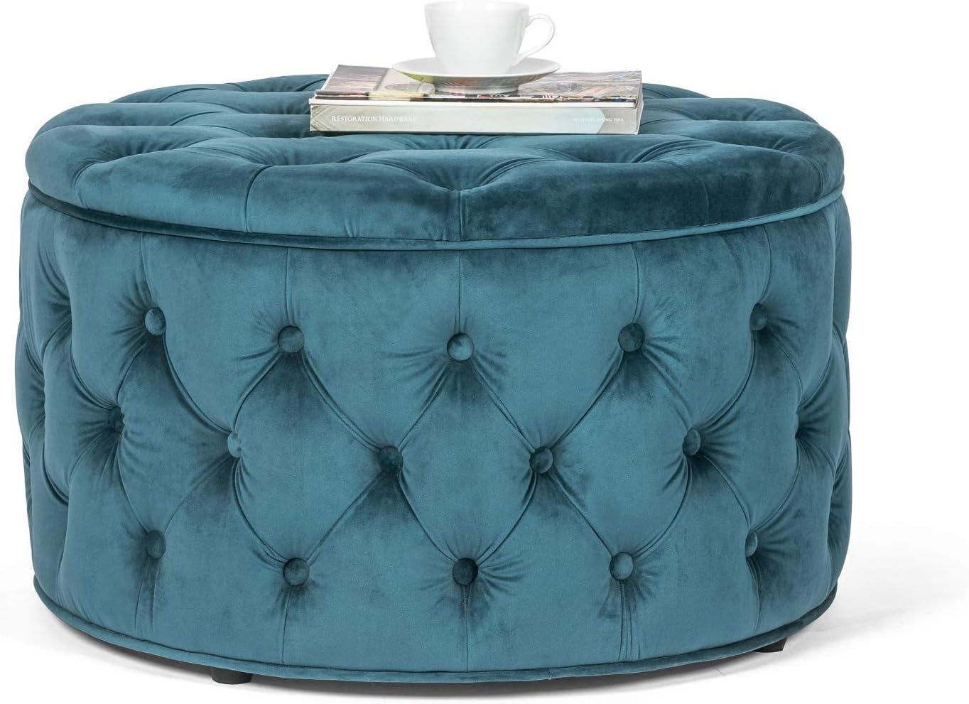 28 Inch Velvet round Storage Ottoman, Button Tufted Footrest Stool Bench Coffee Table for Living Room(Dark Teal)