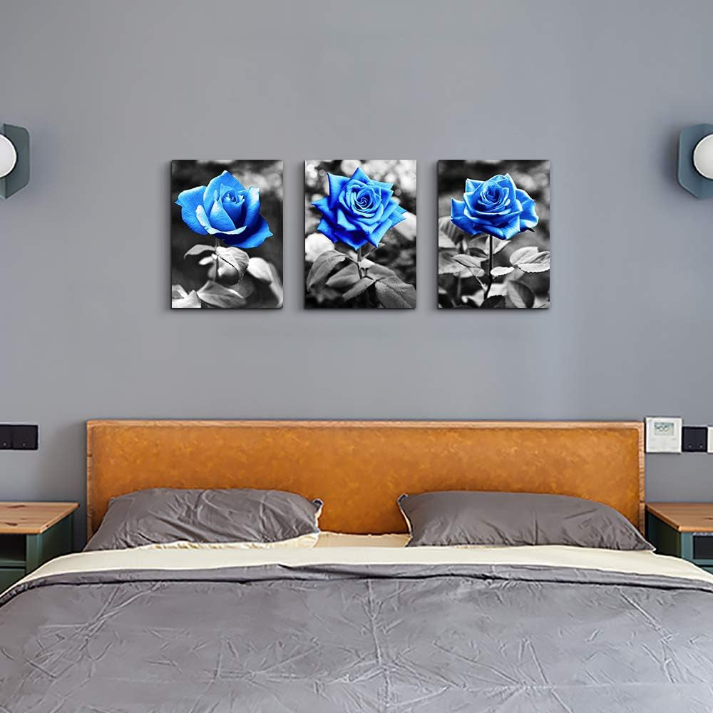 Bedroom Wall Art for Living Room Bathroom Wall Decor for Kitchen Family Pictures Artwork Black and White Blue Rose Flowers Canvas Paintings 12" X 16" 3 Pieces Framed Modern Office Home Decorations