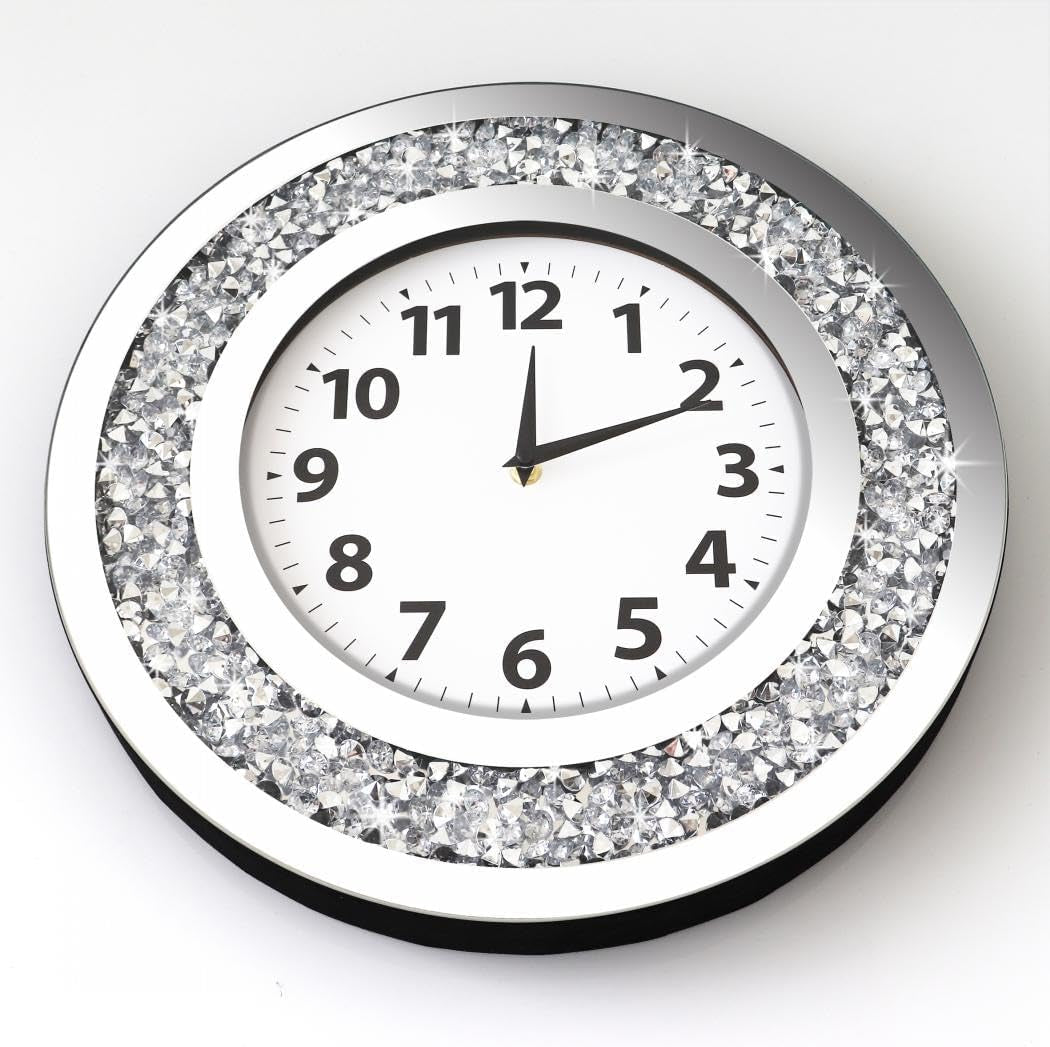 Crystal Crushed Diamond Mirrored round Wall Clock 16X16X2 Inches for Wall Decoration Silver Glass Mirror Clock Sparkle Twinkle Bling Home Decor. AA Battery Is Not Included.