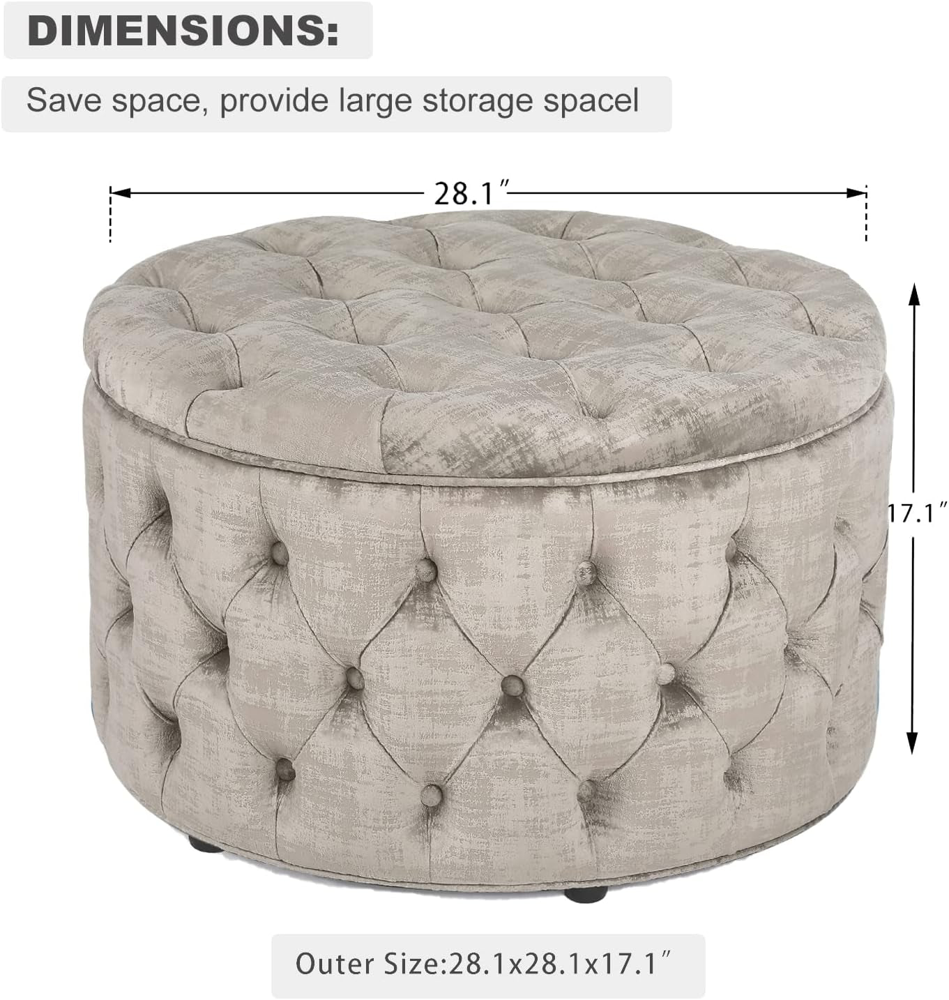 28 Inch round Velvet Storage Ottoman, Button Tufted Footrest Stool Bench Coffee Table for Living Room (Light Grey)