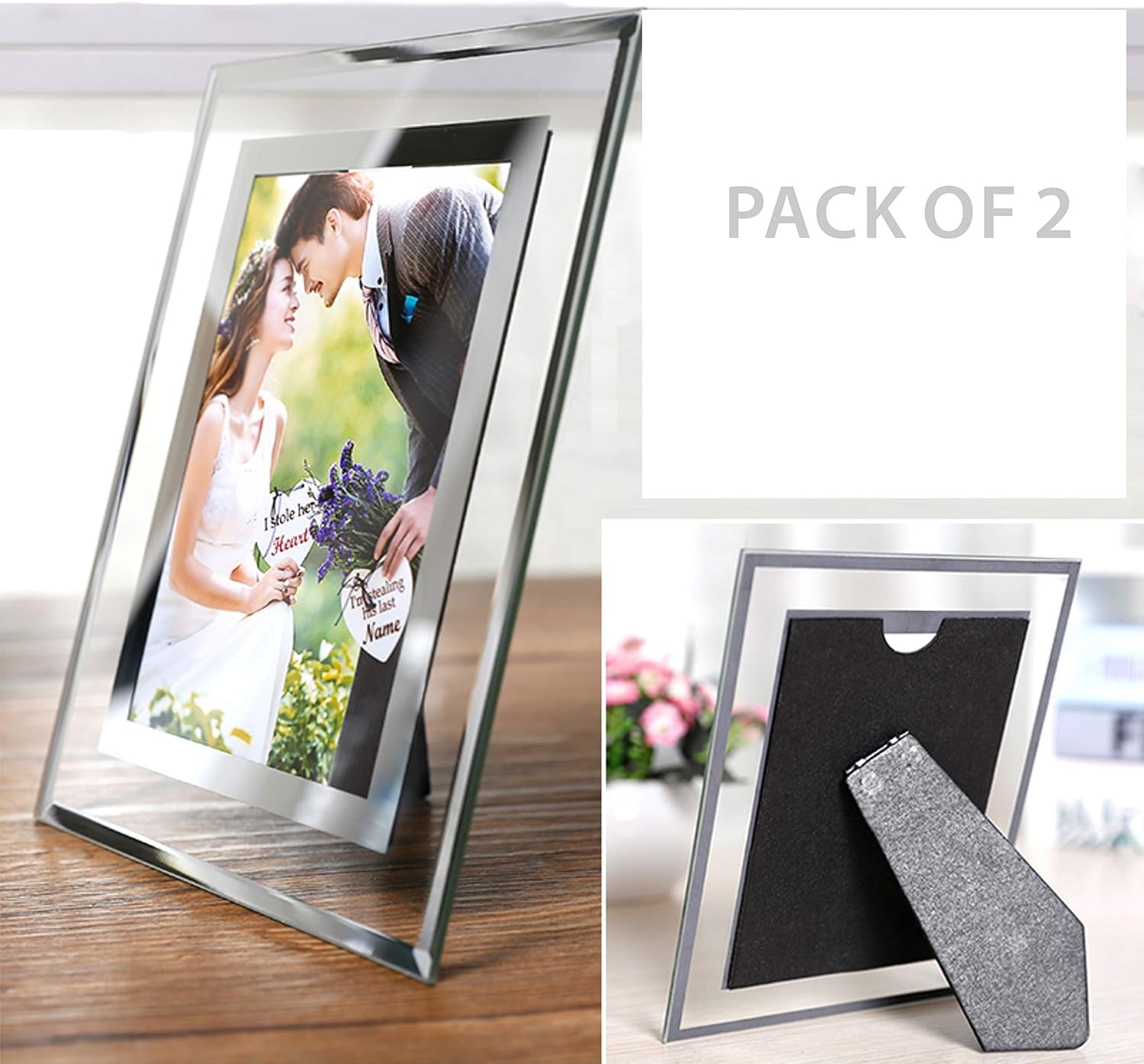6X8 Glass Picture Frame,Silver Mirrored for Photo Display Stand on Tabletop,Pack of 2