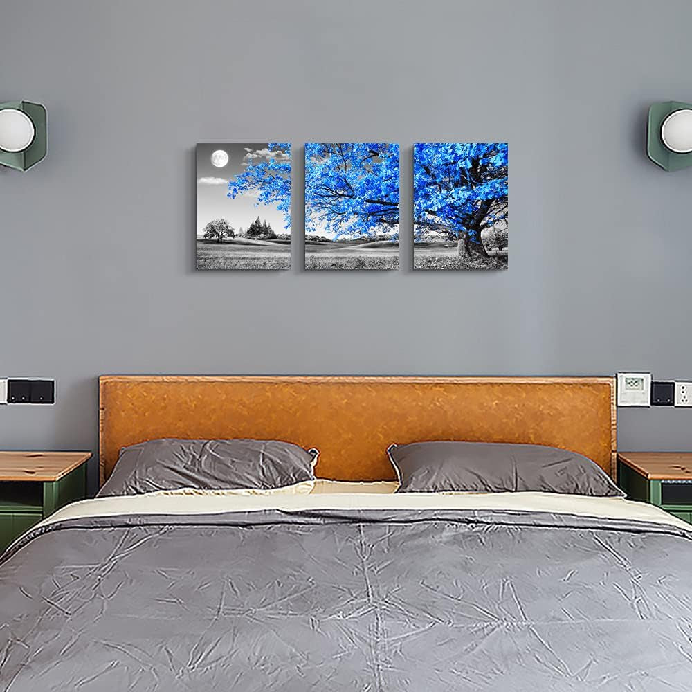Wall Art for Living Room Black and White Blue Tree Moon Canvas Wall Decor for Home Artwork Painting 12" X 16" 3 Pieces Canvas Print for Bedroom Decor Modern Salon Kitchen Office Hang a Picture