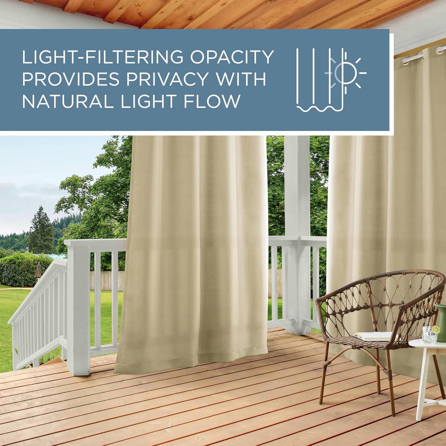Cabana Solid Heavyweight Indoor Outdoor Curtains, Light Filtering Opacity with Grommet Top, Water Repellent, 2-Pack Set, 54"X84", Natural