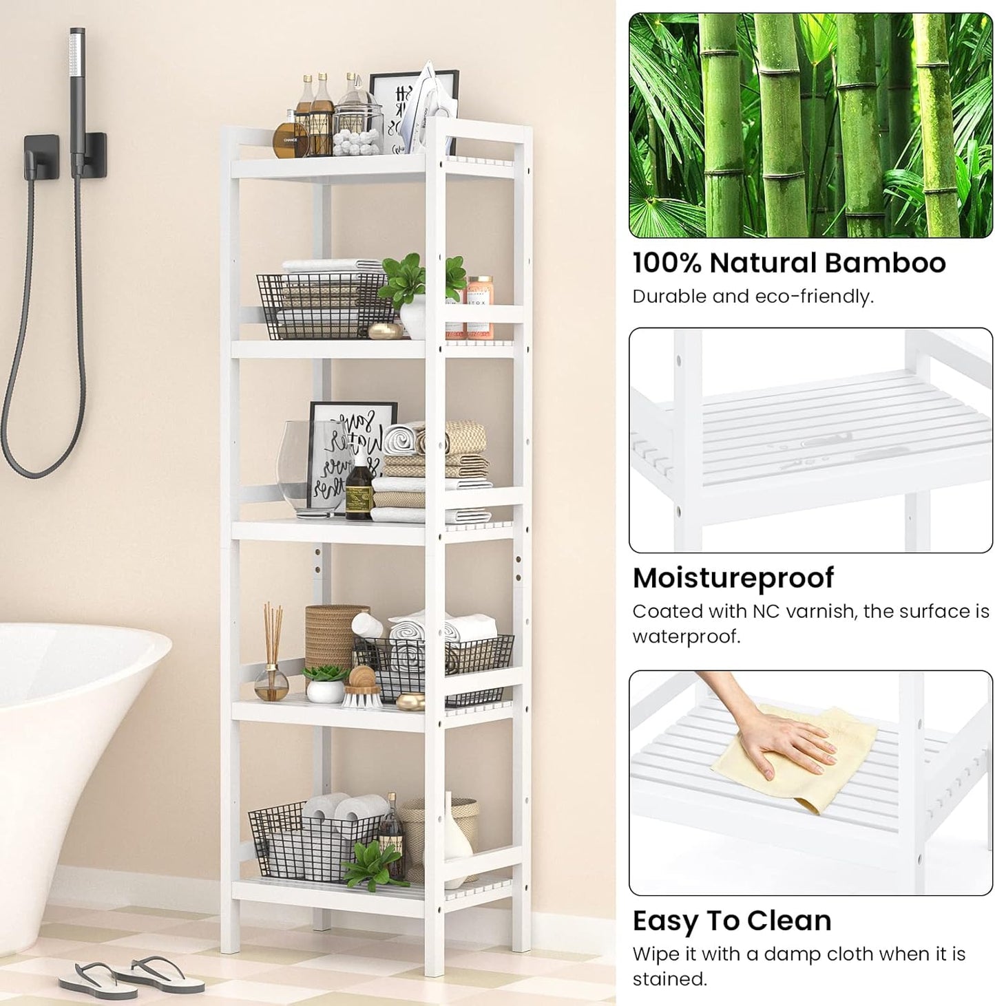 Bamboo Bookshelf, 5-Tier Narrow 55.9” Adjustable Book Shelf Bookcase Bathroom Shelves Freestanding Storage Stand for Living Room, Bedroom, Kitchen, Rust Resistance, Easy Assembly, White