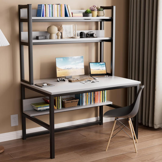 Computer Desk with Shelves, 47" W X 23.6" D Gaming Desk with Hutch and Bookshelf, White Study Table for Bedroom Space Saving with 3 Tier Storage Shelf, Home Office Desk for Writing Work