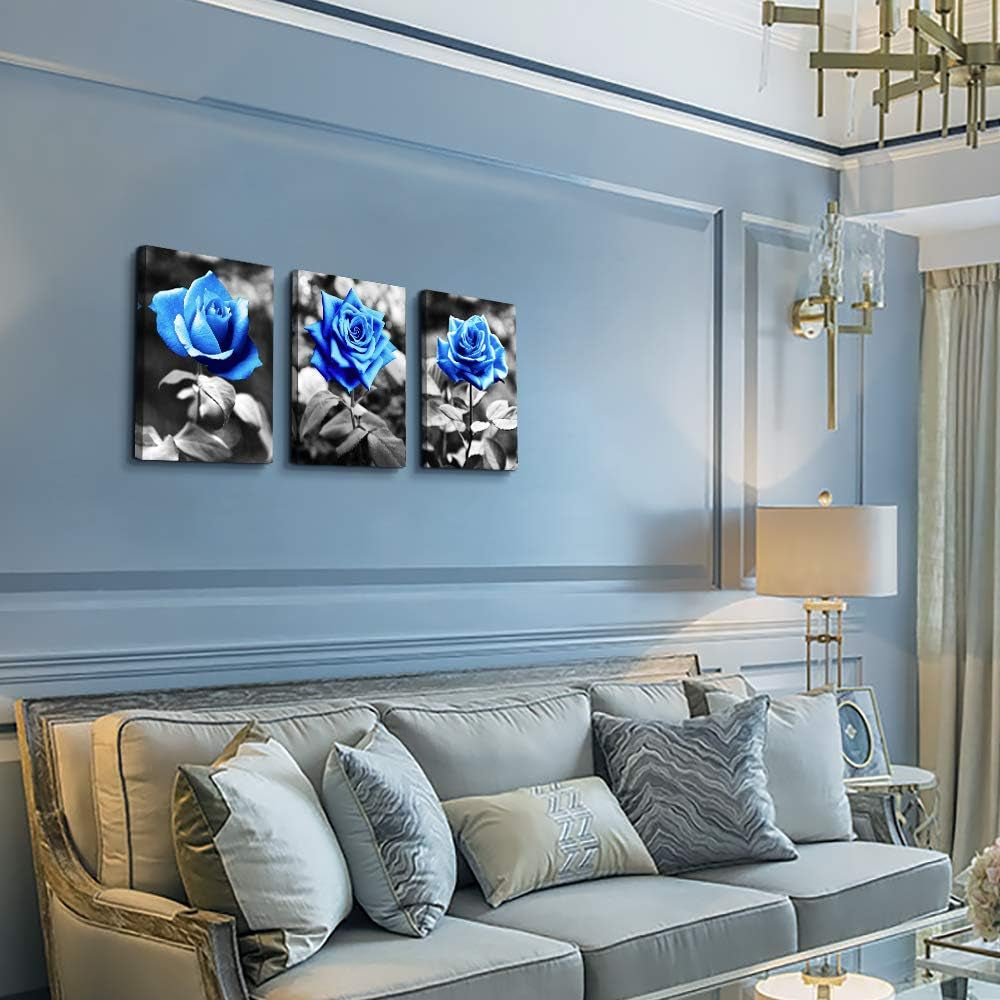 Bedroom Wall Art for Living Room Bathroom Wall Decor for Kitchen Family Pictures Artwork Black and White Blue Rose Flowers Canvas Paintings 12" X 16" 3 Pieces Framed Modern Office Home Decorations