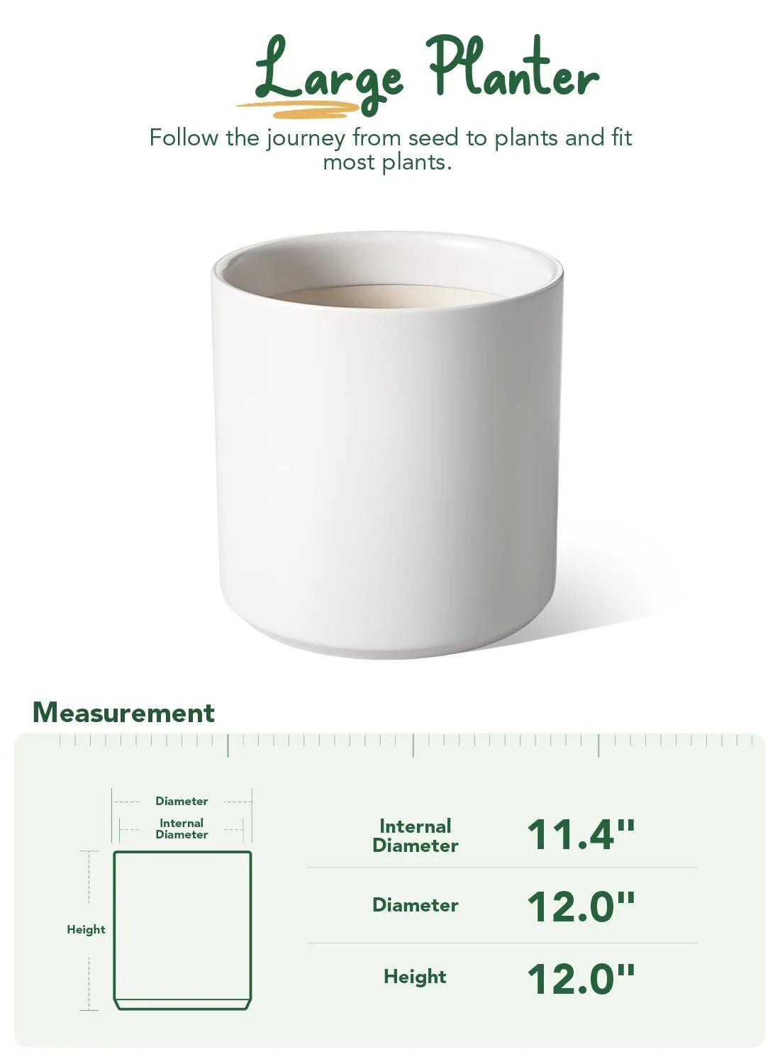 12 Inch Large Plant Pot, Ceramic Pot for Plants,Planter for Indoor Plants, Mid-Century Modern Flower Pots with Drainage Hole and Plug, White