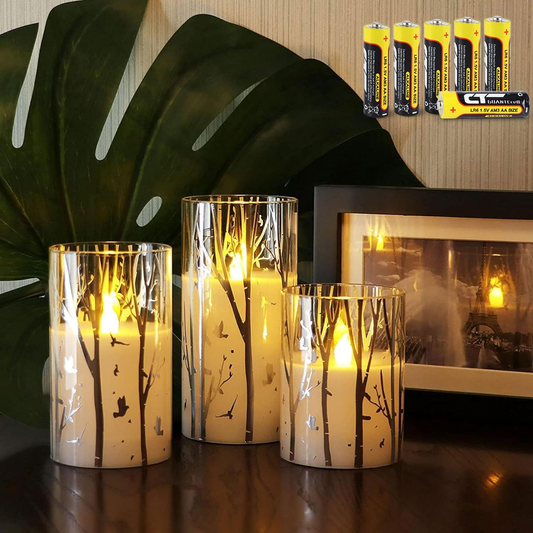 Birch Design Glass Battery Operated LED Candles with Timer, Flameless Pillar Candles Spring & Summer Decor- Include 6 Batteries