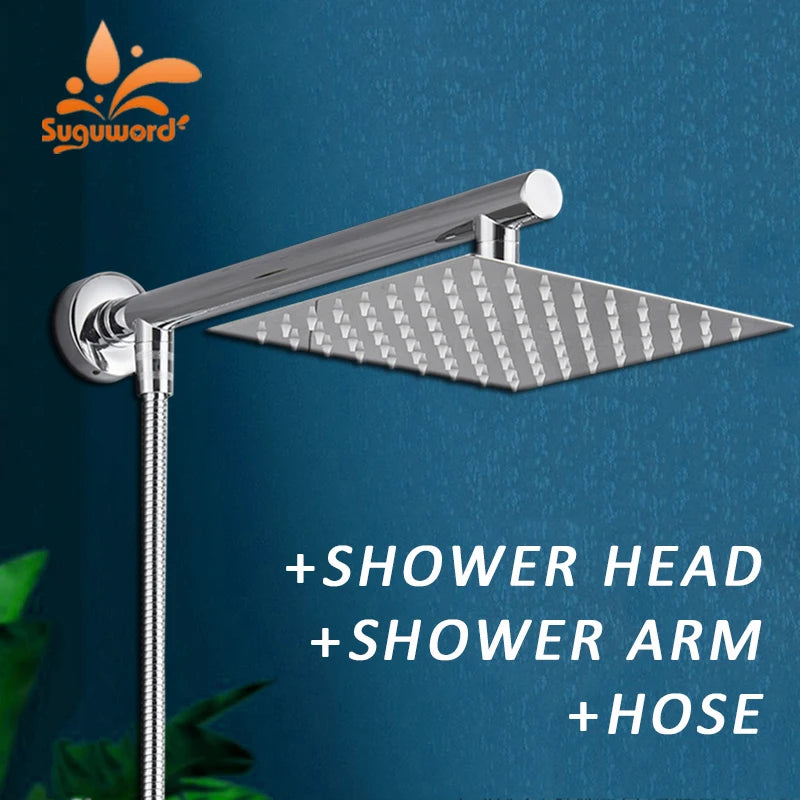 8/10/12 Inch Ultra-thin Wall Mount Rainfall Shower Head With 16inch Stainless Steel Shower Arm