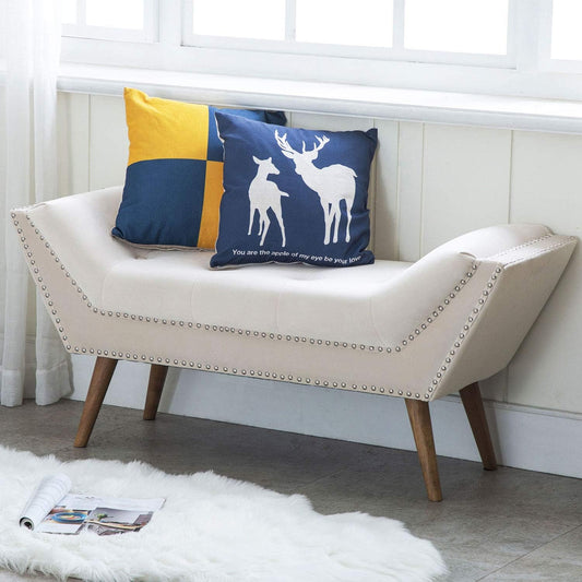 Upholstered Bedroom Bench with Arms, Button Tufted Velvet Fabric Vanity Bench with Nailhead Trim & Rubber Wood Legs, Cream