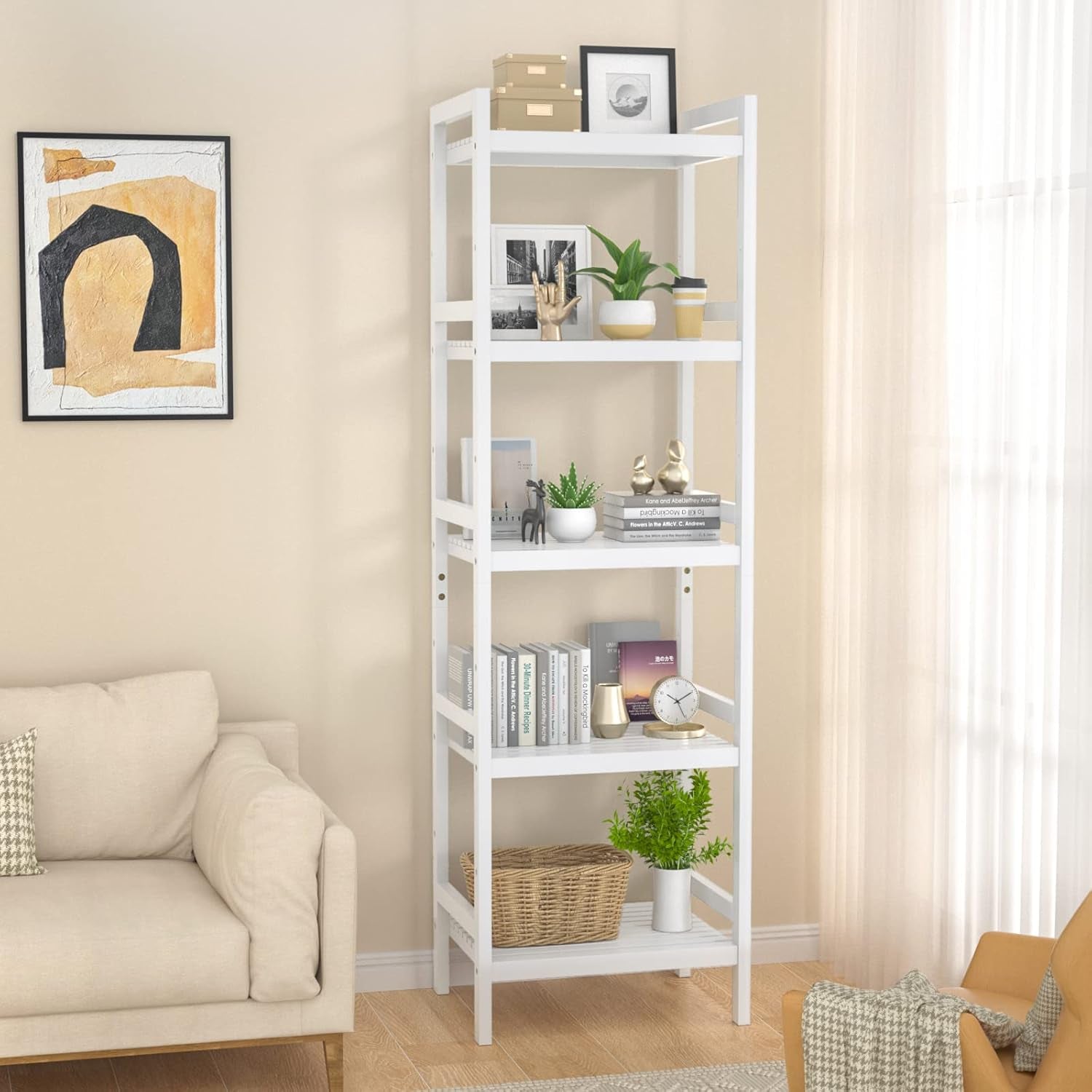 Bamboo Bookshelf, 5-Tier Narrow 55.9” Adjustable Book Shelf Bookcase Bathroom Shelves Freestanding Storage Stand for Living Room, Bedroom, Kitchen, Rust Resistance, Easy Assembly, White