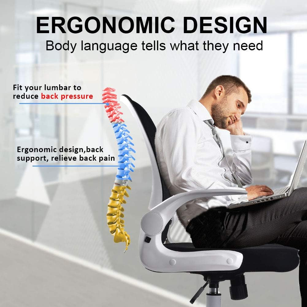 Foldable Office Chair - Home Office Desk Chairs with Wheels and Flip-Up Arms - Foldable Backrest Mesh Computer Chair Adjustable Swivel Rolling Home Executive (White)
