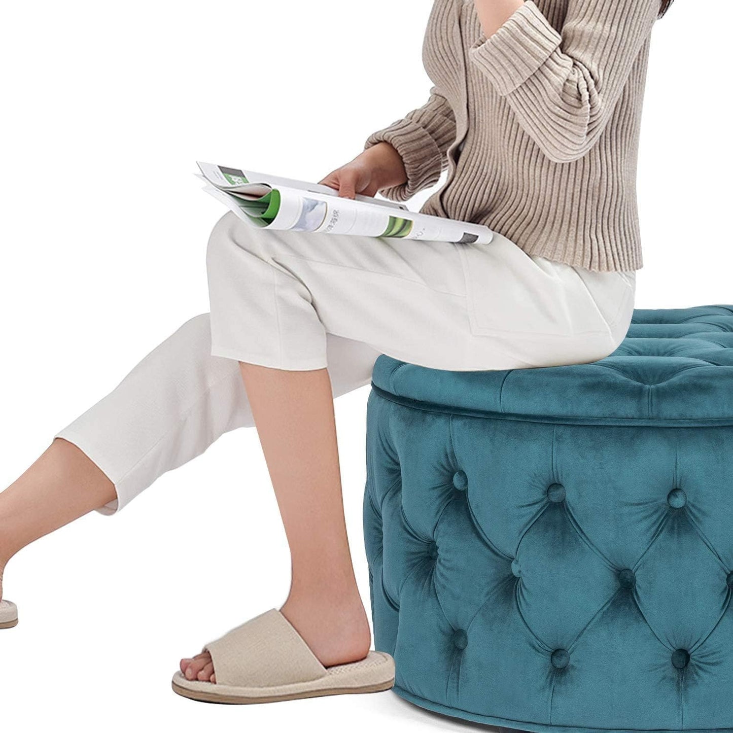 28 Inch Velvet round Storage Ottoman, Button Tufted Footrest Stool Bench Coffee Table for Living Room(Dark Teal)