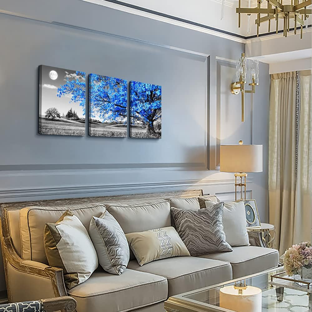 Wall Art for Living Room Black and White Blue Tree Moon Canvas Wall Decor for Home Artwork Painting 12" X 16" 3 Pieces Canvas Print for Bedroom Decor Modern Salon Kitchen Office Hang a Picture