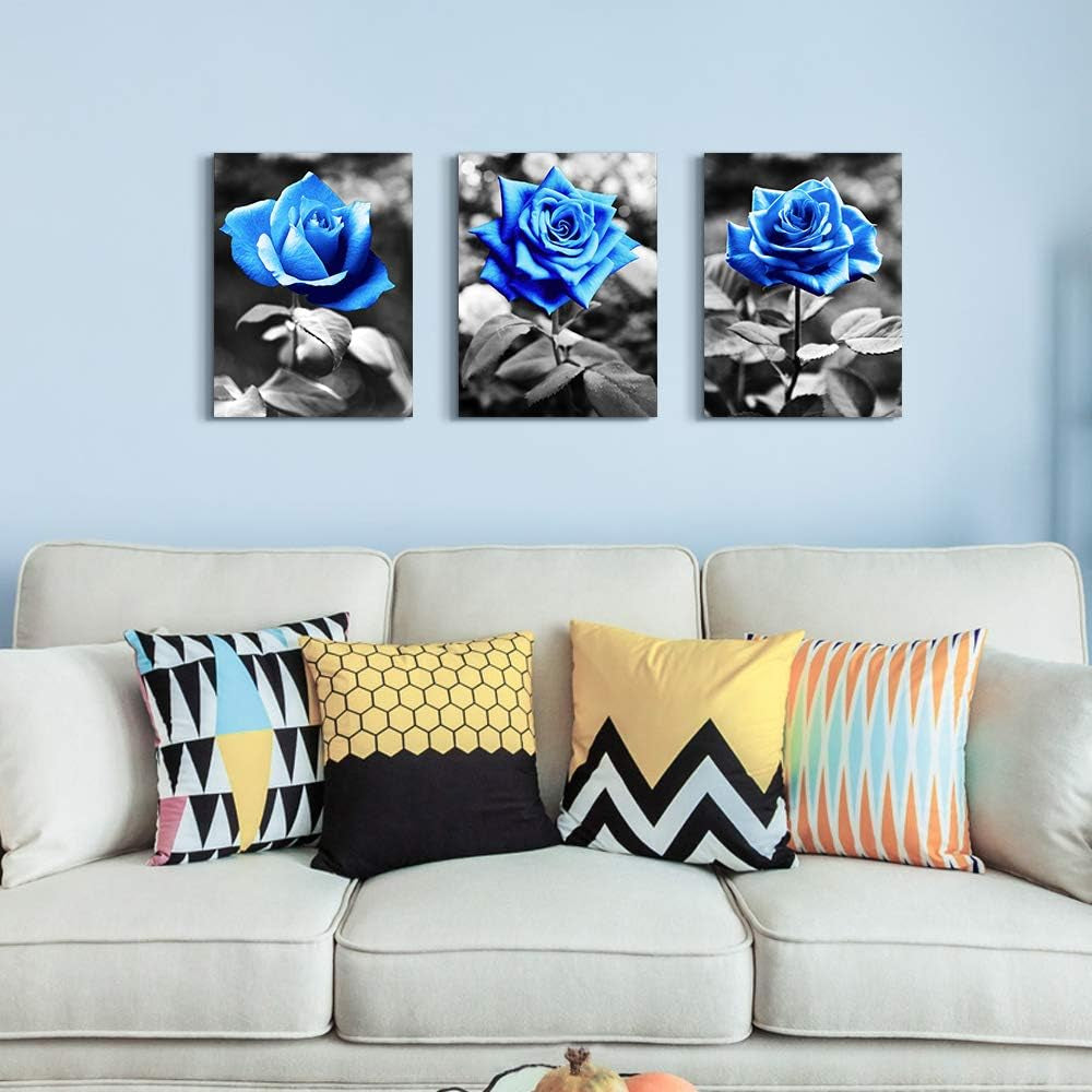 Bedroom Wall Art for Living Room Bathroom Wall Decor for Kitchen Family Pictures Artwork Black and White Blue Rose Flowers Canvas Paintings 12" X 16" 3 Pieces Framed Modern Office Home Decorations