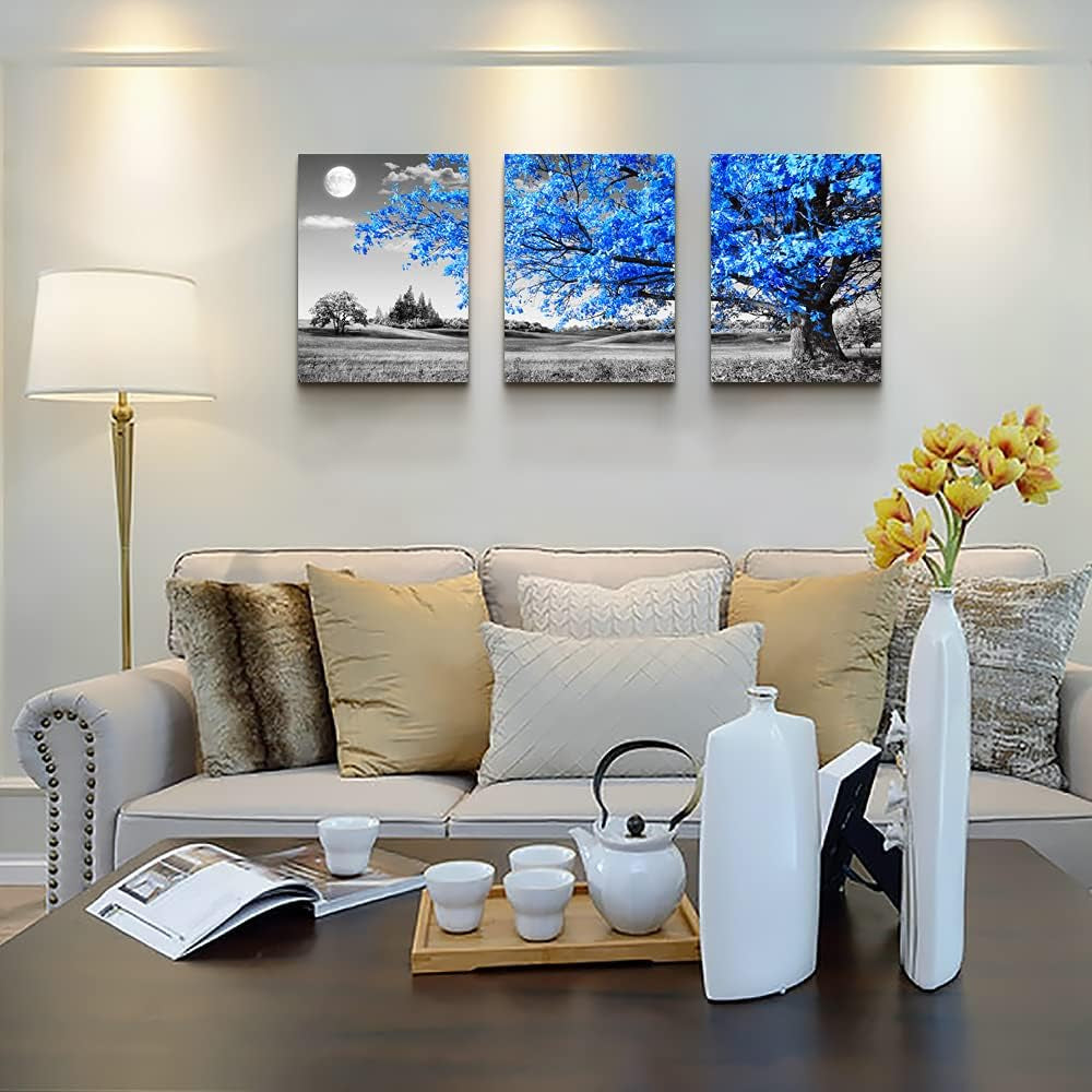 Wall Art for Living Room Black and White Blue Tree Moon Canvas Wall Decor for Home Artwork Painting 12" X 16" 3 Pieces Canvas Print for Bedroom Decor Modern Salon Kitchen Office Hang a Picture