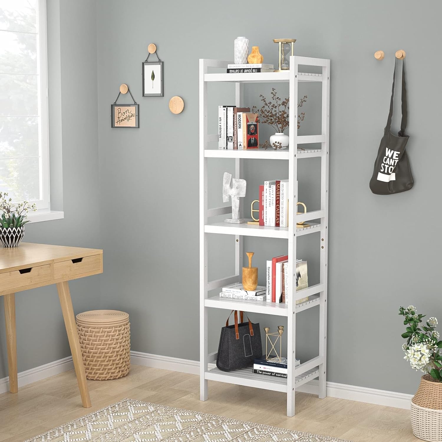 Bamboo Bookshelf, 5-Tier Narrow 55.9” Adjustable Book Shelf Bookcase Bathroom Shelves Freestanding Storage Stand for Living Room, Bedroom, Kitchen, Rust Resistance, Easy Assembly, White