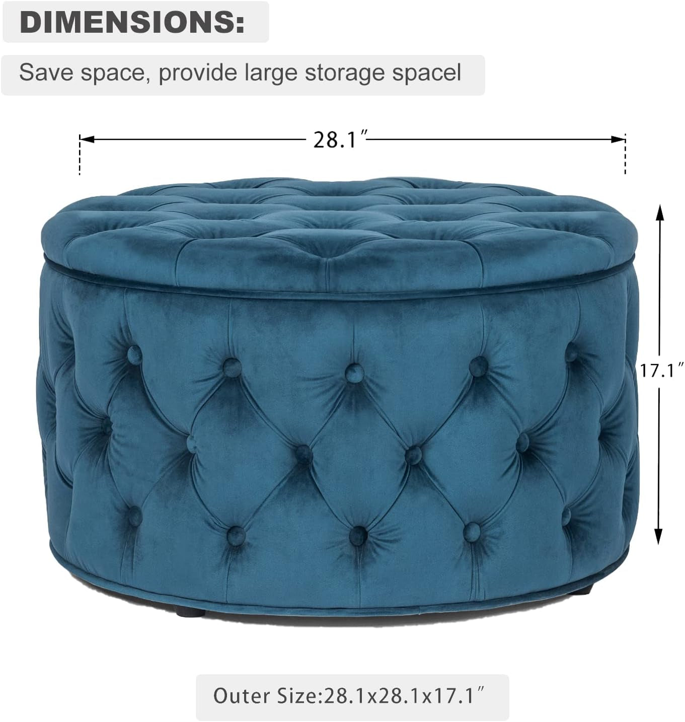 28 Inch Velvet round Storage Ottoman, Button Tufted Footrest Stool Bench Coffee Table for Living Room(Dark Teal)