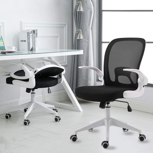 Foldable Office Chair - Home Office Desk Chairs with Wheels and Flip-Up Arms - Foldable Backrest Mesh Computer Chair Adjustable Swivel Rolling Home Executive (White)