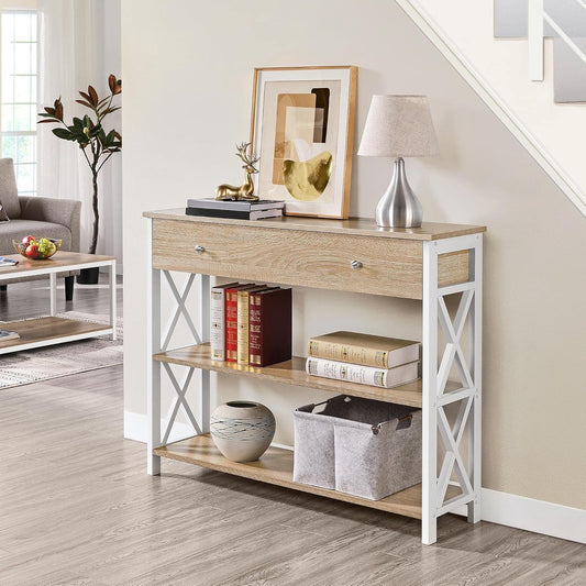 Console Table with Drawer, Narrow Sofa Table with Storage Shelves for Living Room, 3-Tier Entryway Tables with Metal Frame, Light Oak