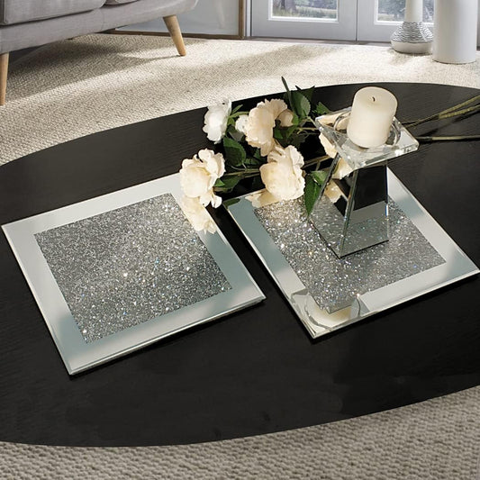 Glass Mirrored Coaster 2 PC, Crushed Diamond Square Cup Mat 10" Decor on Tabletop for Bar Tools Dining Table