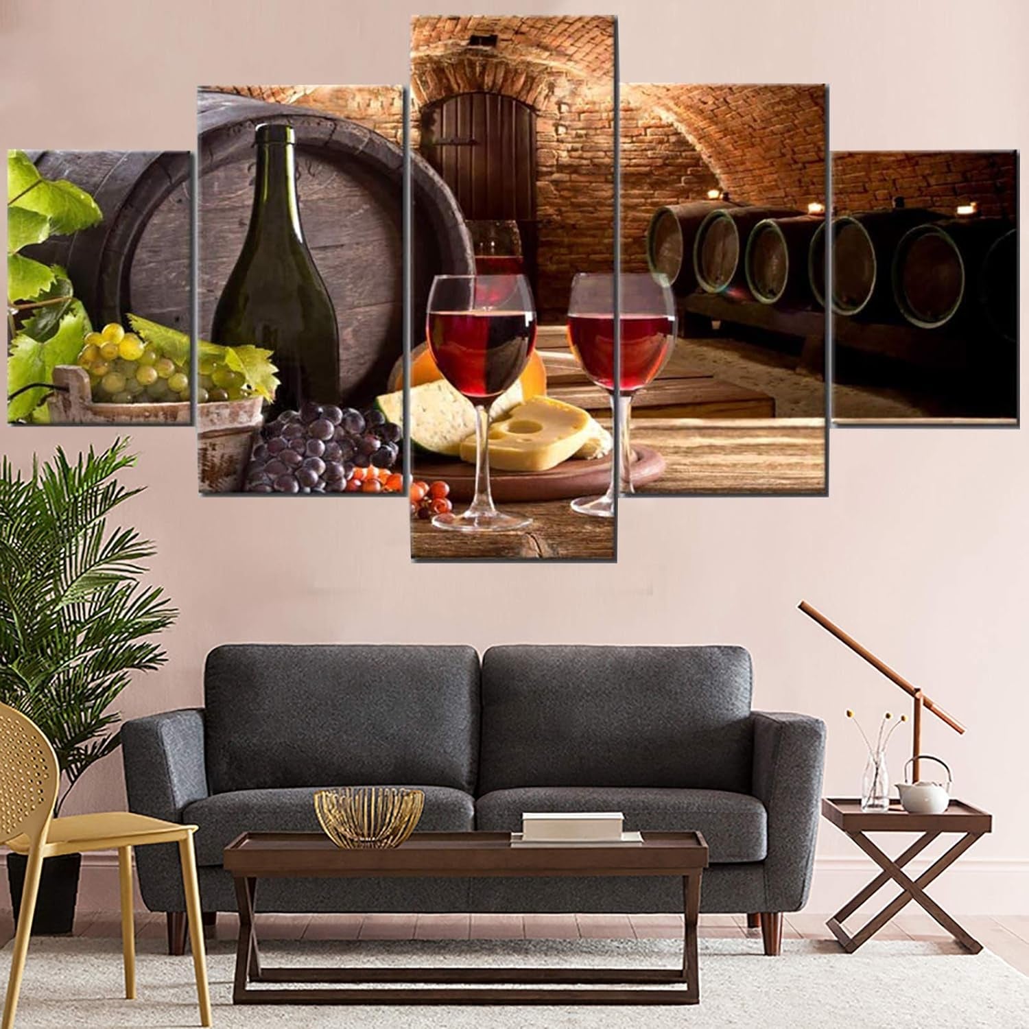 Wine Wall Art Decor for Kitchen Dining Room Grapes Fruit Canvas Wine Bottle Pictures 5 Piece Paintings Modern Artwork Decorations Cellar with Barrel and Glass Wooden Framed