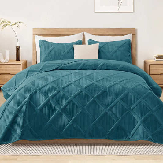 Ultrasonic King Quilt Set, 3-Piece Lightweight Bedspreads Modern Striped Coverlet, Teal