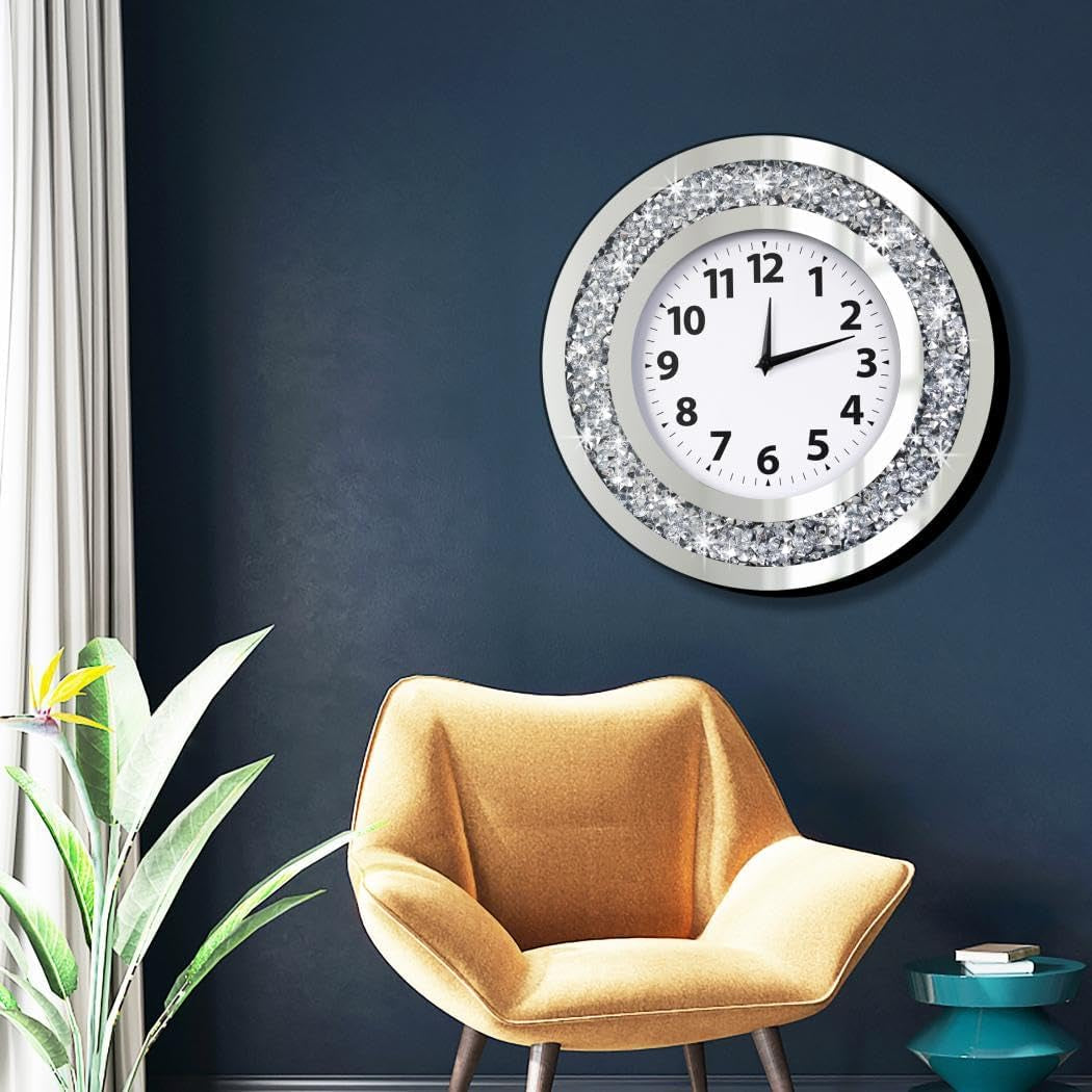 Crystal Crushed Diamond Mirrored round Wall Clock 16X16X2 Inches for Wall Decoration Silver Glass Mirror Clock Sparkle Twinkle Bling Home Decor. AA Battery Is Not Included.