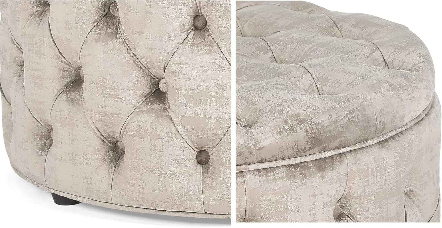 28 Inch round Velvet Storage Ottoman, Button Tufted Footrest Stool Bench Coffee Table for Living Room (Light Grey)